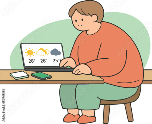 Cozy Weather Check. Cozy person checks weather forecast at a desk, phone resting beside notes, temperature icons clear, posture