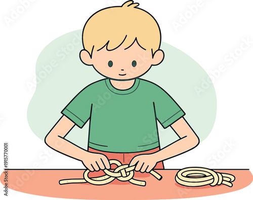 Light child practices tying knots with rope on a table, loops forming slowly, hands focused, spare cord nearby waiting calmly now