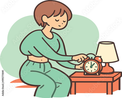 Inside child sets an alarm clock on a bedside table, fingers turning the dial, pajamas loose, lamp glowing softly nearby. | alarm