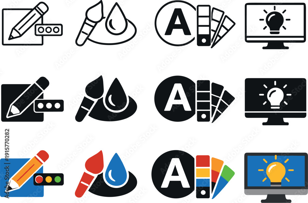 Fototapeta premium Icon object one, icon object two, icon object three, and icon object four representing visual identity and branding elements.