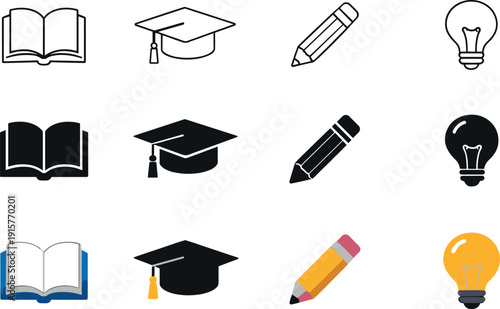 Book for knowledge, graduation cap for education, pencil for learning, and light bulb for ideas. Display on a strict 3:2 canvas