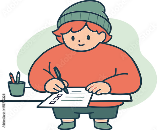 Cozy person prepares a checklist at a desk, pen resting briefly, list taking shape with quiet intention. | checklist, task