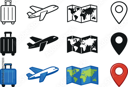 Suitcase for luggage preparation, airplane for international transport, map for global routing, and location pin for overseas