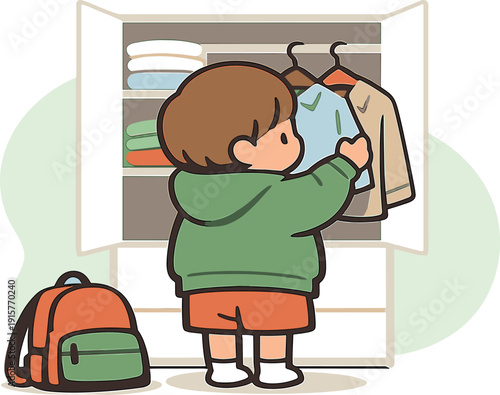 Cozy child stands before an open wardrobe choosing clothes for school, folded shirts visible, backpack on floor, morning light