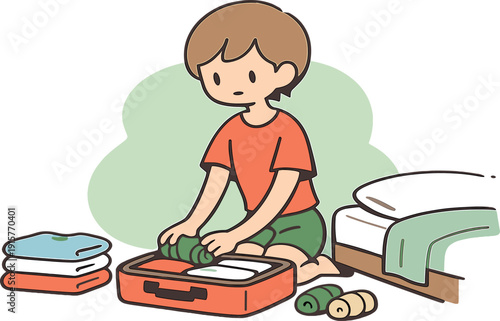 Morning child packs a suitcase beside a bed, shirts stacked, socks rolled, window light falling softly on the scene. | packing