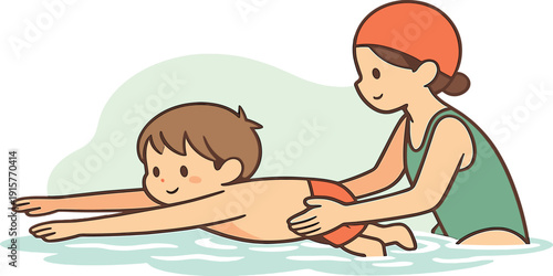 Gentle child learns to swim with support, arms reaching forward as the helper steadies the torso and water stays calm | child