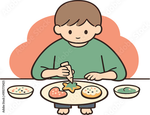 Quiet child decorates cookies at a table with icing and sprinkles, small plates nearby, careful hands pause mid motion. | child