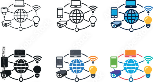 Internet connected system icon portraying multiple devices and sensors exchanging information through abstract links, repeated