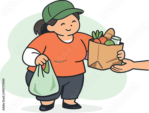 Warm volunteer hands out food parcels, weight shifting as bags are lifted and shared gently | volunteer food parcels, flat vector