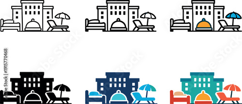 Upscale hotel lifestyle icon featuring a modern hotel building with amenities such as a bed, bell, and lounge symbols,