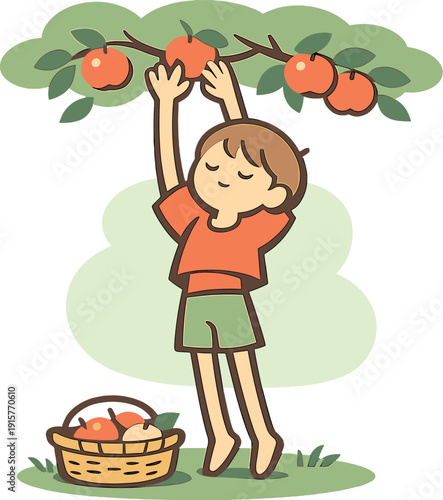 Gentle child reaches up picking apples from a tree, basket on grass below, leaves rustle softly, bright fruit close to hands. |