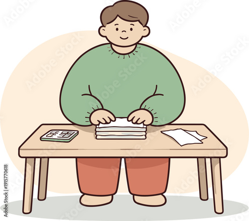 Nearby person finishes organizing receipts, last stack aligned, hands resting briefly, calm pause after task. | organizing