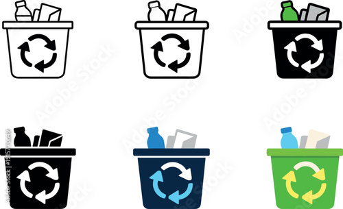Resource recycling icon showing a recycling bin with circular arrows and waste items like bottles and paper, representing waste