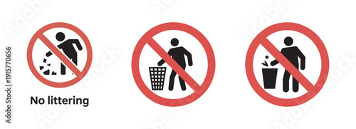 Set of three no littering signs showing person throwing trash on ground