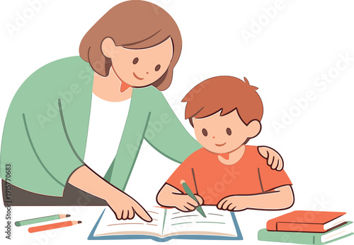 Light teacher leans beside a student, pointing at homework pages on a desk while pencils and books rest nearby quietly together