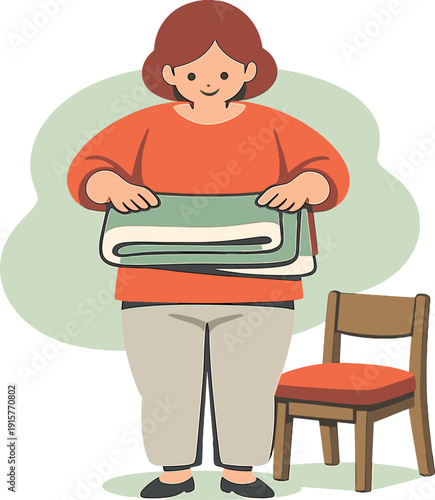 Warm person stands folding a blanket carefully as its edges align neatly while a chair rests close by. | folding blanket home,