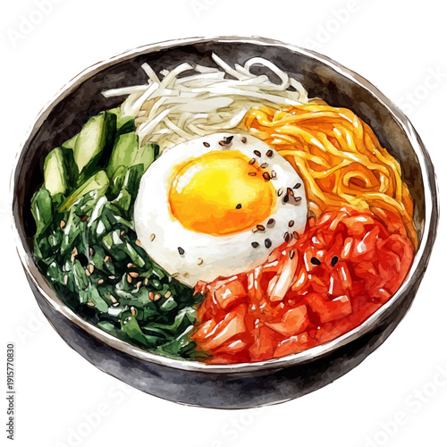 watercolor of Bibimbap A Beautifully Detailed illustration graphic, isolated on a white background.