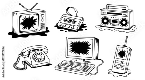 broken vintage electronics collection with cracked television damaged computer and old rotary phone in black and white