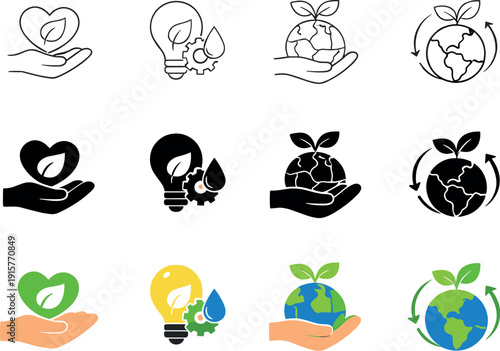 Icon object one for eco-conscious habits, icon object two for resource efficiency, icon object three for environmental