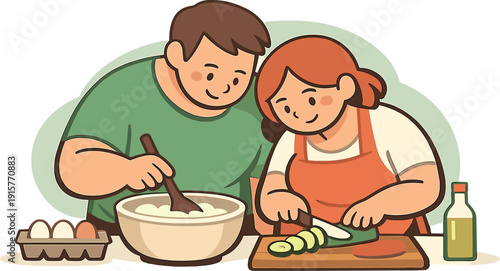 Cozy family cooks together, leaning close to mix batter and slice food before a meal as warmth gathers in the kitchen together
