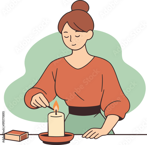 Calm person lights a candle on a table, flame catching softly, match lowered slowly, calm glow spreading nearby. | lighting