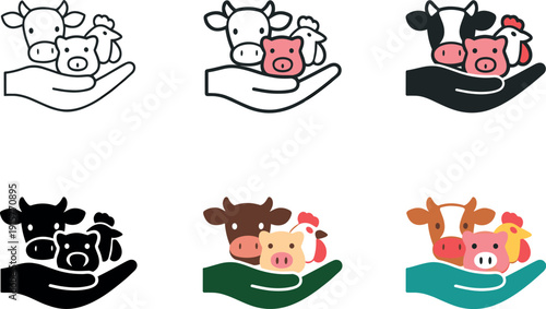 Livestock welfare icon showing a cow, pig, and chicken with a hand symbol, representing responsible animal care, farm management,