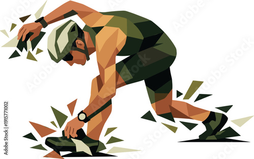 Triathlete in Transition. Low-poly vector illustration of a triathlete facing peak tension mid-transition, awkward angular posture