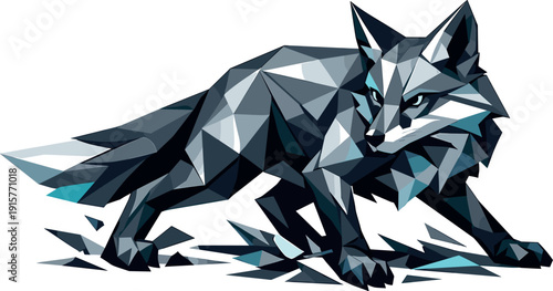 Low-poly vector illustration of a fox preparing for a sudden turn, alert angular stance with paws lightly planted and muscles
