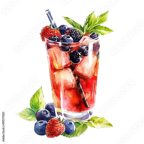 watercolor painting of Berry Iced Tea A Beautifully Detailed, isolated on a white background.