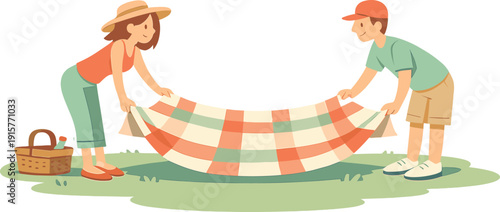 Sunny family lays out a picnic blanket on grass, corners lifted as fabric settles and shoes pause at the edge calmly | family