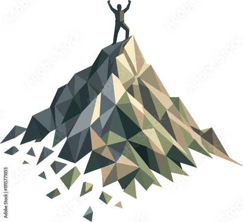 Low-poly vector illustration of a mountain summit reach as a direct hero depiction, angular mountain peak constructed from sharp