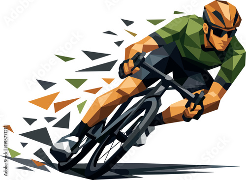 Low-poly vector illustration of a cyclist carving a sharp turn at high speed, full-body rider and bicycle rendered with sharply