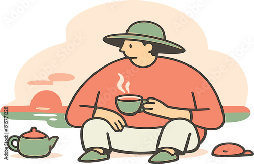 Gentle person watches sunset with tea, arms resting loosely as the cup tilts and colors sink low | sunset tea, flat vector /