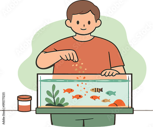 Calm person feeds fish in a tank, fingers sprinkling flakes as small fish gather near glass and water stays clear | feeding fish
