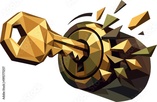 Low-poly vector illustration of a key turn click as a direct hero depiction, bold mechanical key constructed from sharp