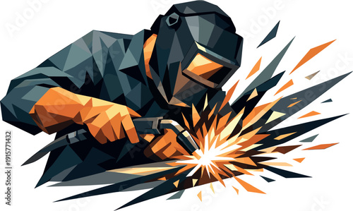 Low-poly vector illustration of a welder initiating the weld, dynamic diagonal composition with the torch igniting and sparks