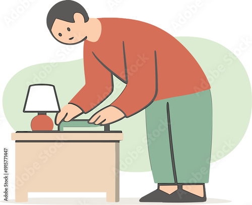 Calm person leans forward straightening objects on a nightstand as a lamp and book align softly. | organizing nightstand bedside,