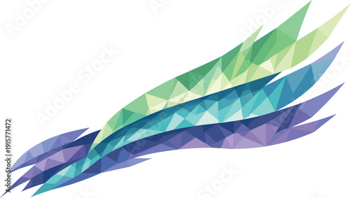 Low-poly vector illustration of aurora sky ribbons as a direct hero depiction, flowing aurora bands constructed from sharp