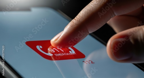Urgent mobile communication: Finger pressing emergency number icon on smartphone display