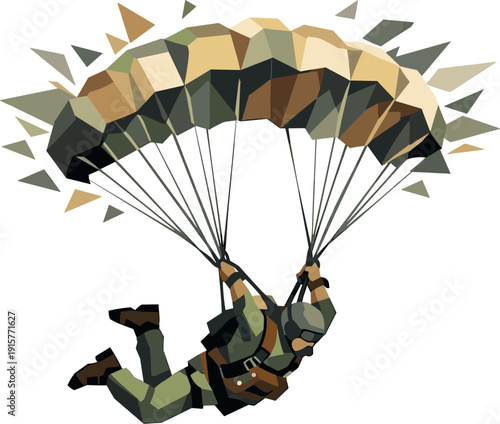 Low-poly vector illustration of a parachutist experiencing peak tension after chute deployment, body jolted downward with visible