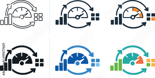 Analytics oversight icon presenting gauges, progress marks, and structured data shapes that communicate continuous monitoring,