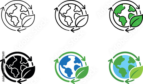 Planet care icon depicting Earth with a leaf and circular arrows, symbolizing environmental sustainability, clean future, and