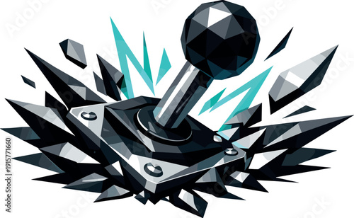Explosive Arcade Impact. Low-poly vector illustration of an arcade joystick breaking through with a powerful slam, joystick locked