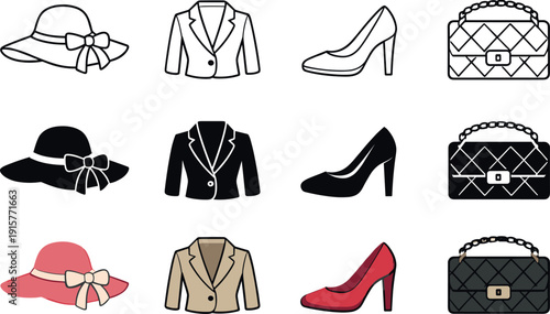 Fashion Icon Trio. Icon object one, icon object two, icon object three, and icon object four representing classic fashion elements