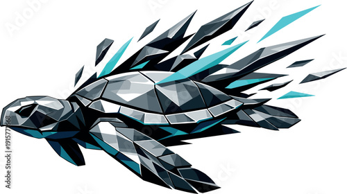 Low-poly vector illustration of a sea turtle breaking through into a powerful glide after the sweep, perfectly aligned angular