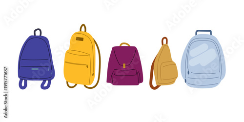 Bag set. Various bags for city use, study, travel and different purposes. Simple flat style vector illustration.
