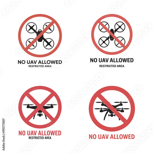 Restricted drone flight area signs with informative text and uav icons