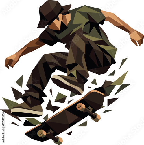 Low-poly vector illustration of a skateboarder mid-kickflip facing tension, body slightly off-axis with twisted angular torso,