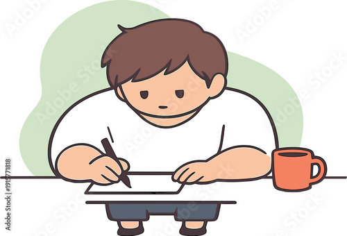 Small person writes a short note at a desk, pen moving slowly as paper rests flat and a cup sits nearby in calm light today here!