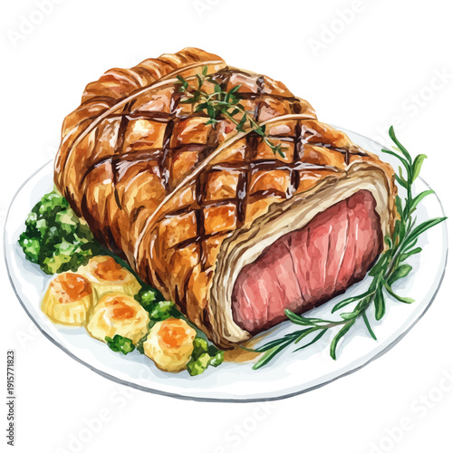 watercolor of Beef Wellington A Beautifully Detailed illustration graphic, isolated on a white background.